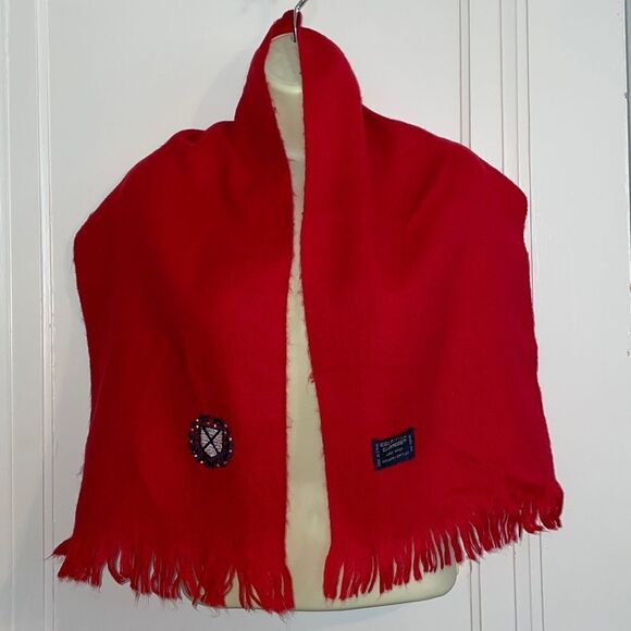 Vtg red “Cashmore” acrylic red scarf with navy blue & white embroidered crest - Picture 1 of 6